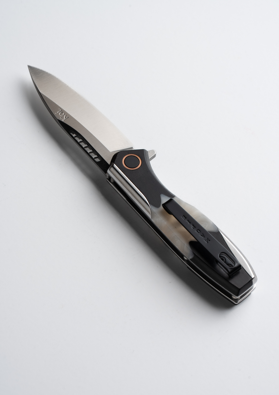 Max the Magpie MagnaCut pocket knife — senior tradie showpiece folder