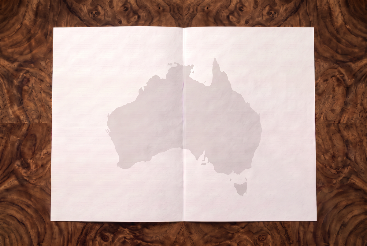 Inside of the Koi art card: blank pages with a soft map of Australia