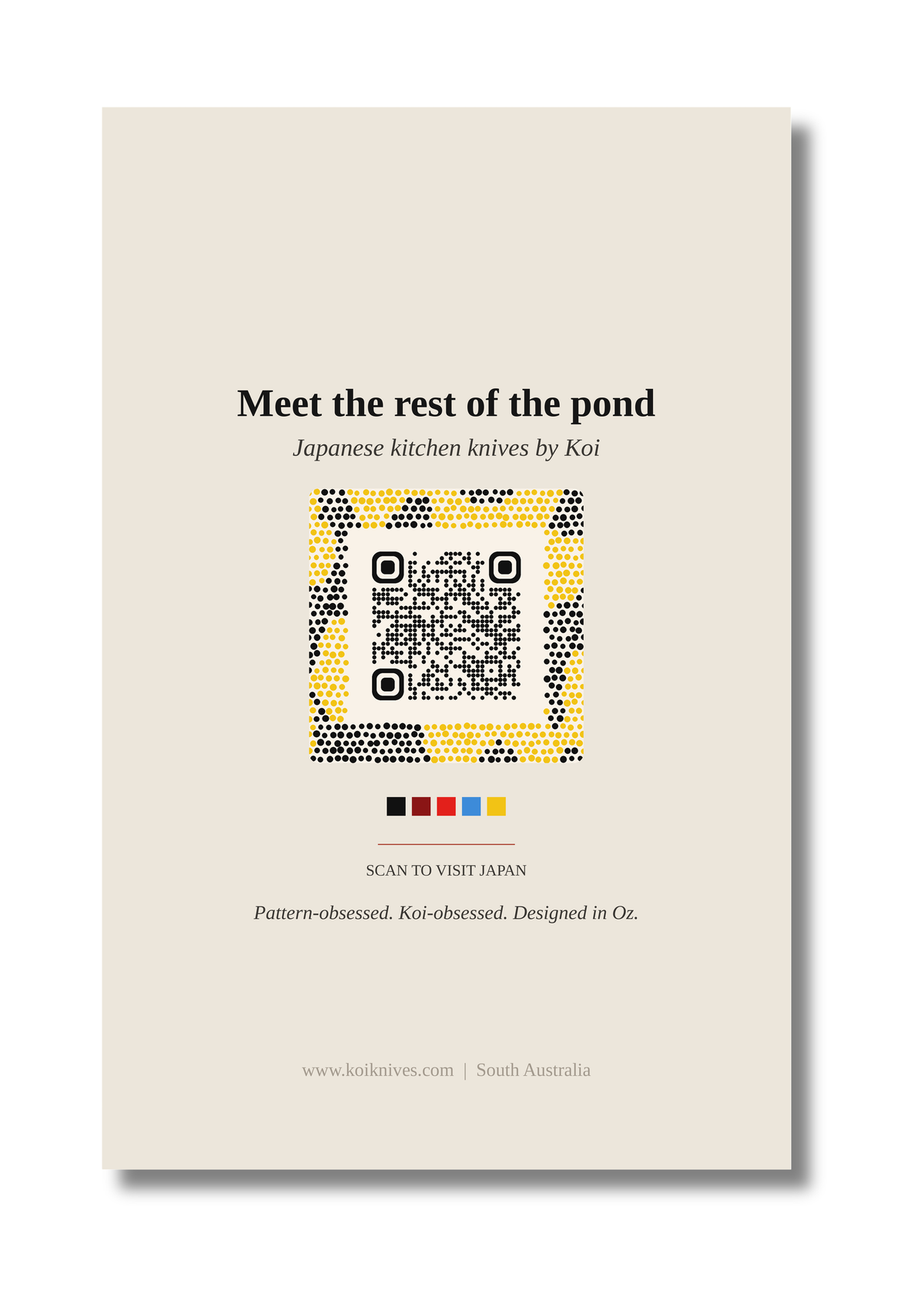 Back of the Blue-eyed Koi art card with QR code