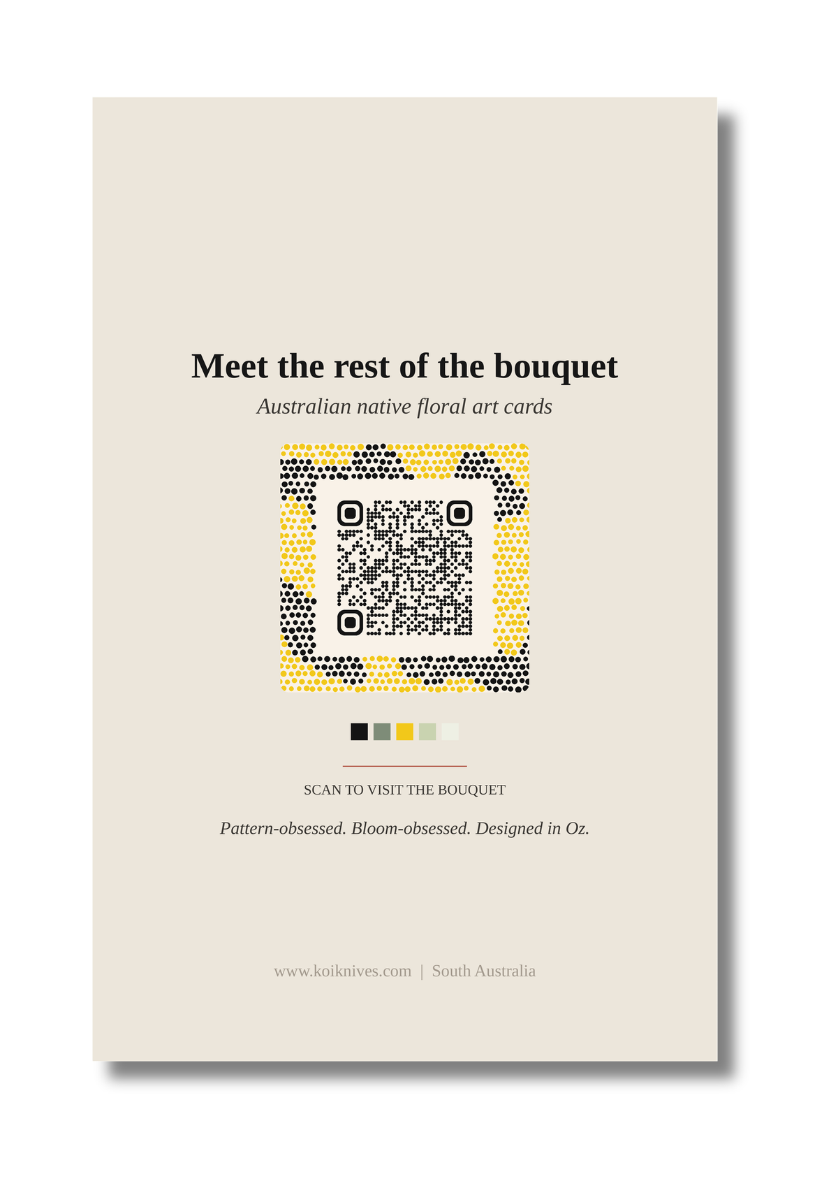 Back of the Flannel Flower art card with QR code