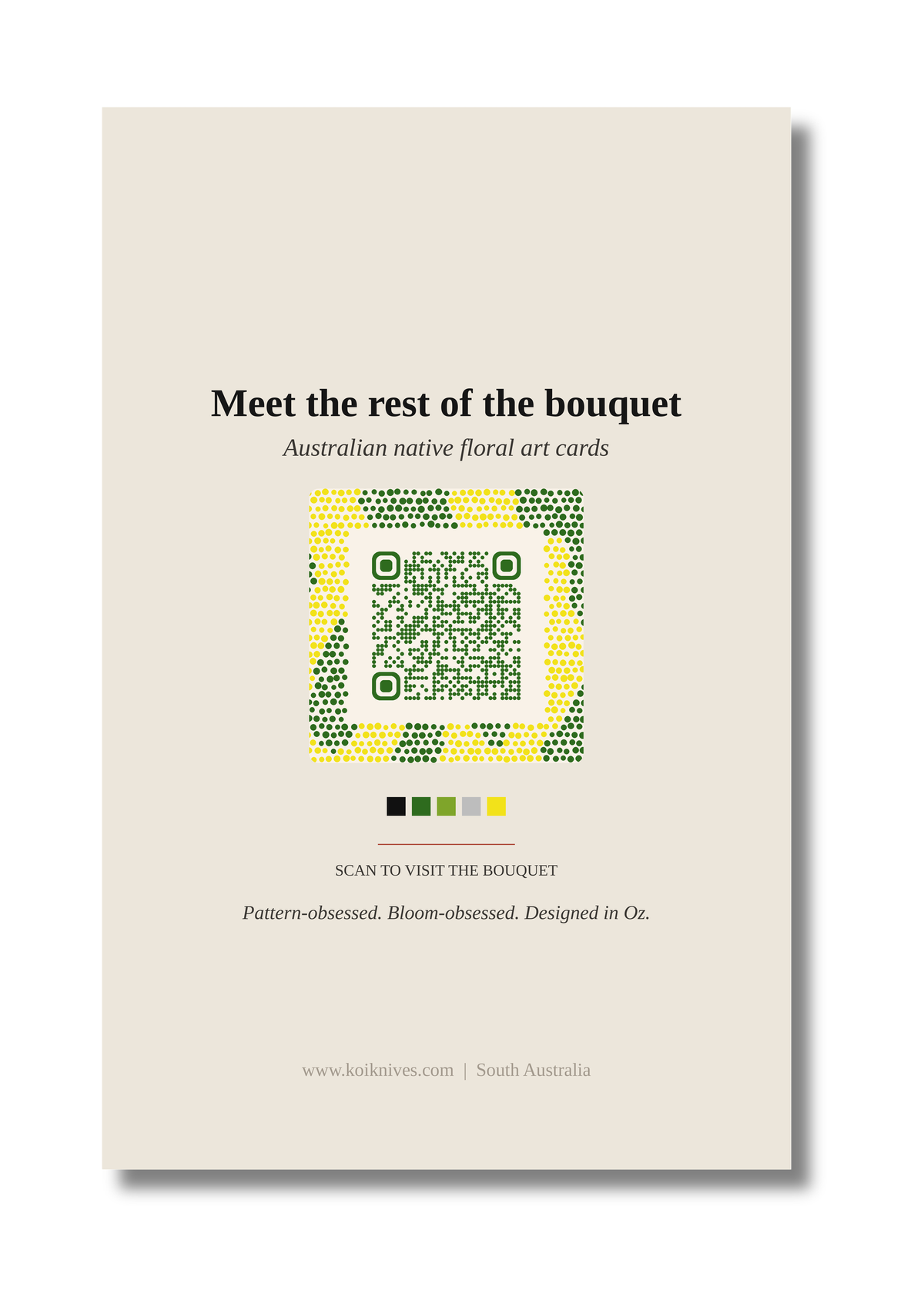 Back of the Golden Wattle art card with QR code