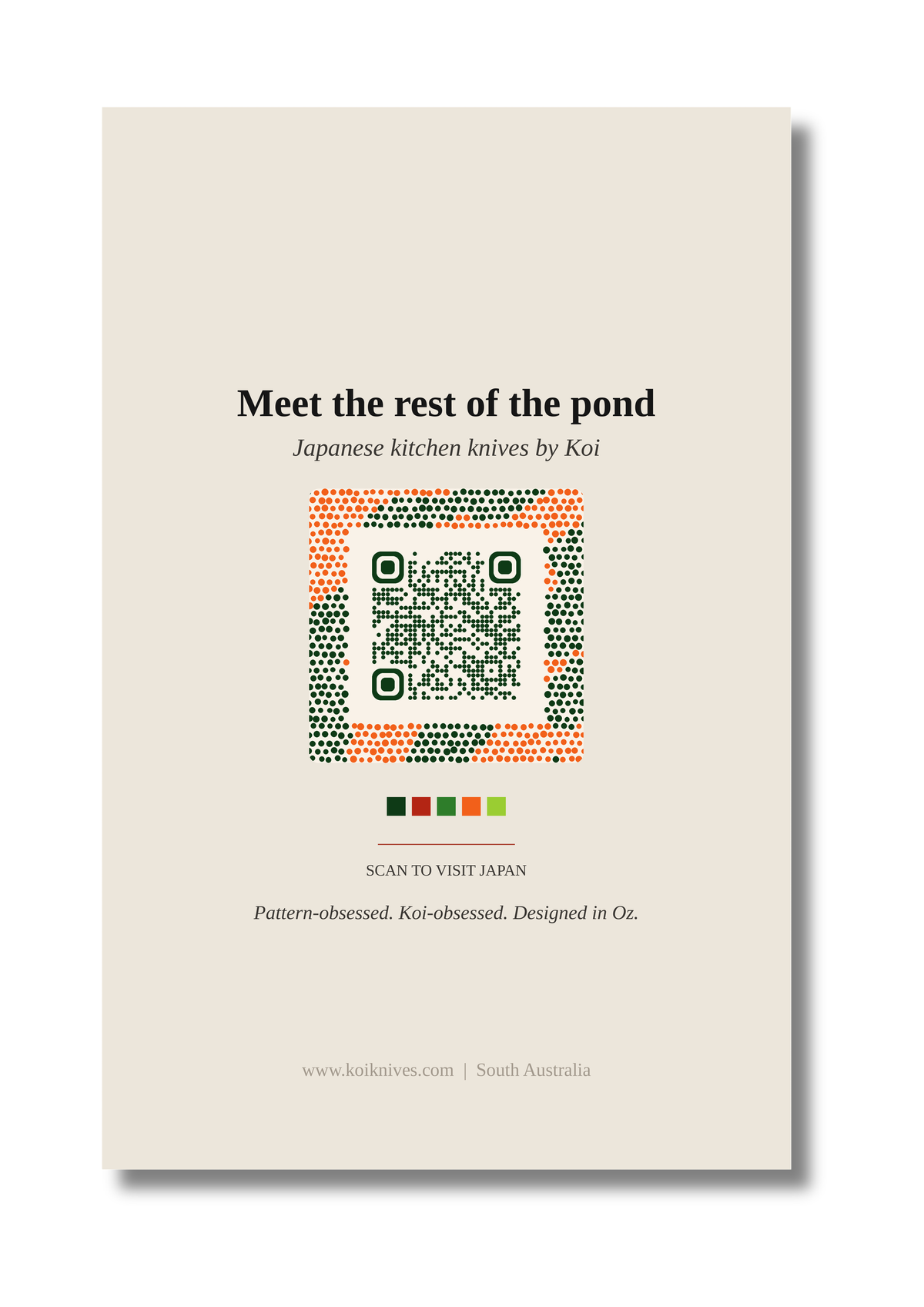 Back of the Koi in the Reeds art card with QR code